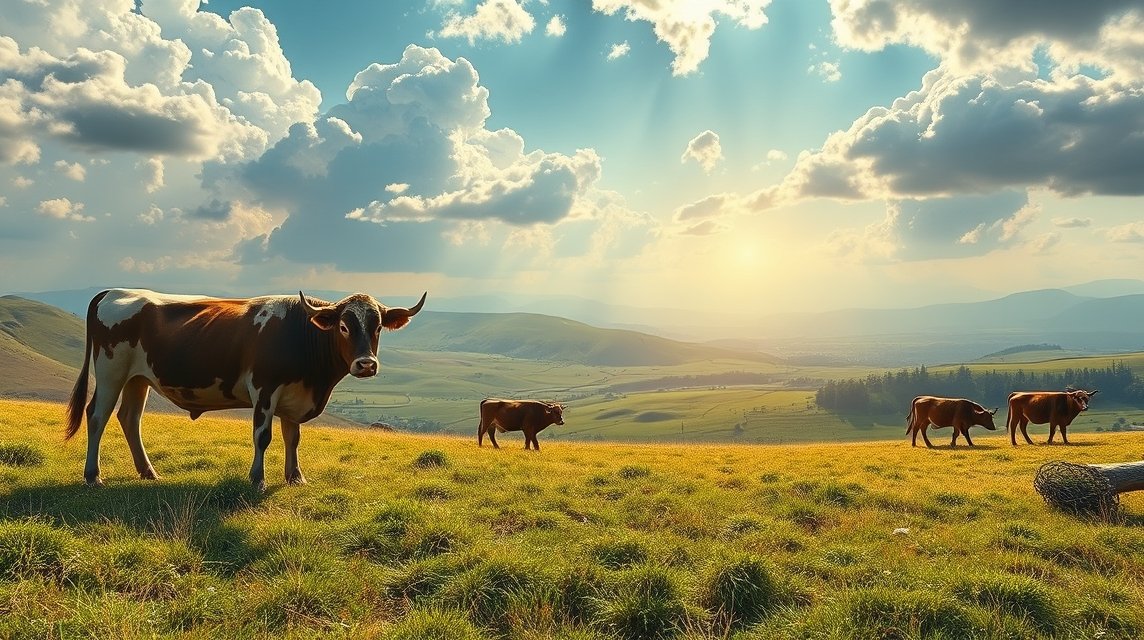 Eine friedliche Landschaft mit Kühen auf einer Wiese unter einem bewölkten Himmel.