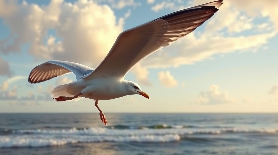Eine Möwe fliegt über das Meer, mit sanften Wellen im Hintergrund.