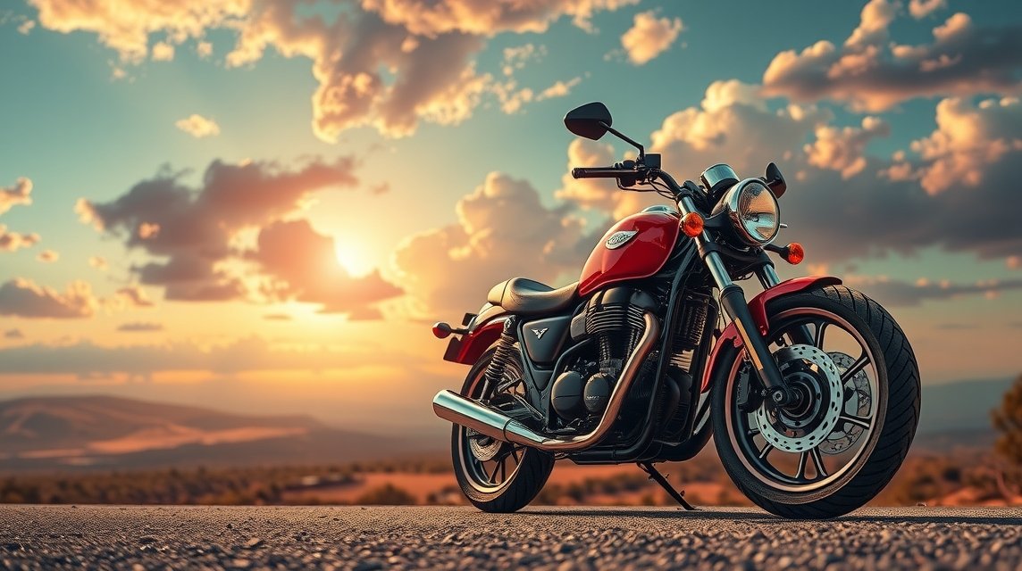 Ein rotes Motorrad steht auf einer Straße bei Sonnenuntergang, umgeben von Wolken.