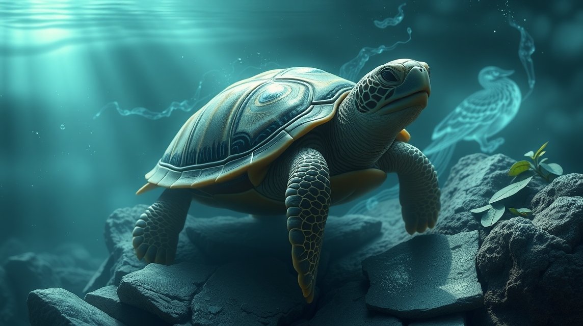 Eine Schildkröte schwimmt durch das klare Wasser, umgeben von Steinen und Pflanzen.