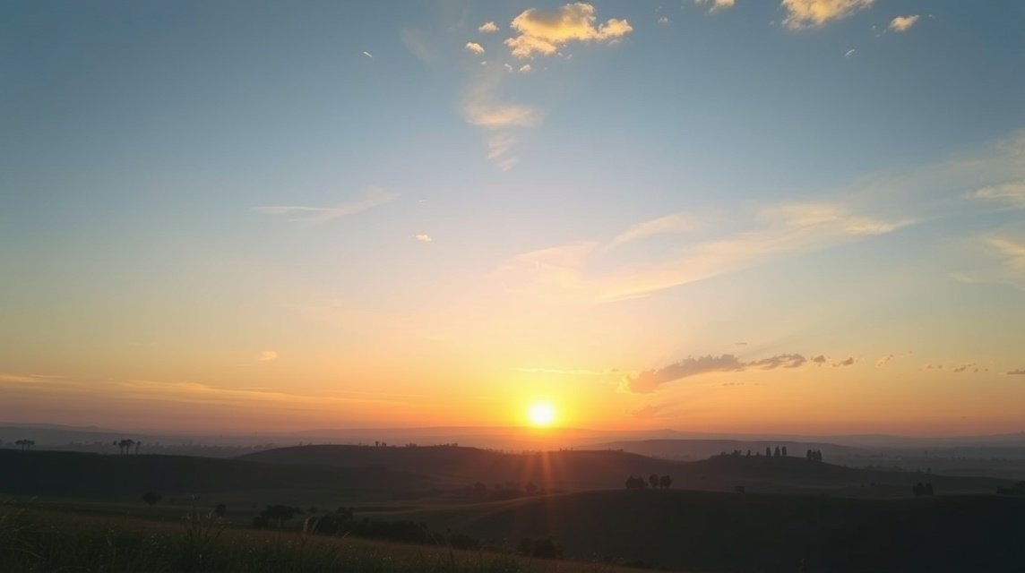 Ein Sonnenuntergang über sanften Hügeln, der den Himmel in warmen Farben erleuchtet.