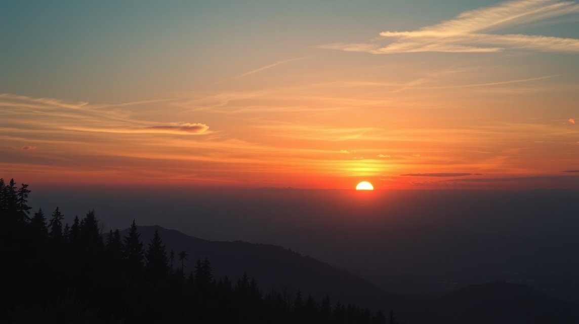 Ein Sonnenuntergang über bewaldeten Bergen, der den Himmel in warmen Farben erleuchtet.