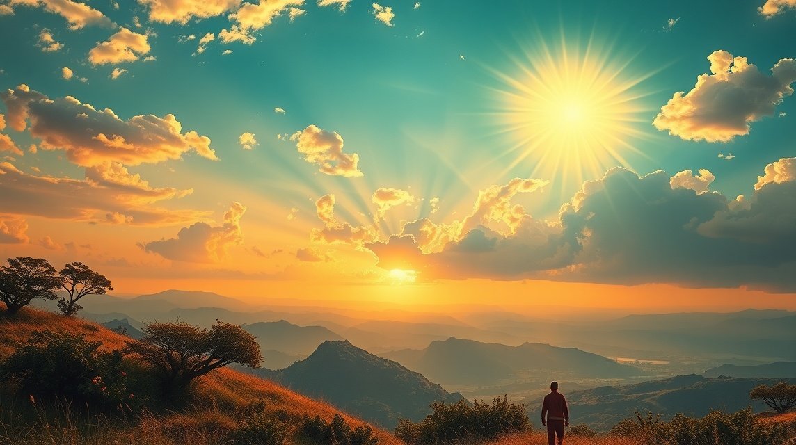 Ein Wanderer steht auf einem Hügel und betrachtet den Sonnenuntergang über den Bergen.