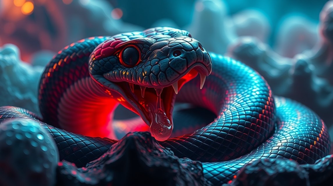 Eine bedrohlich aussehende Schlange mit leuchtenden Schuppen und offenem Maul.