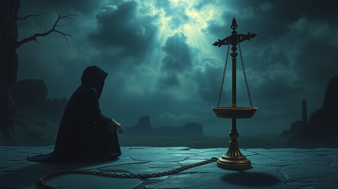 Eine mysteriöse Figur in einem dunklen Umhang sitzt vor einer Waage unter einem bewölkten Himmel.