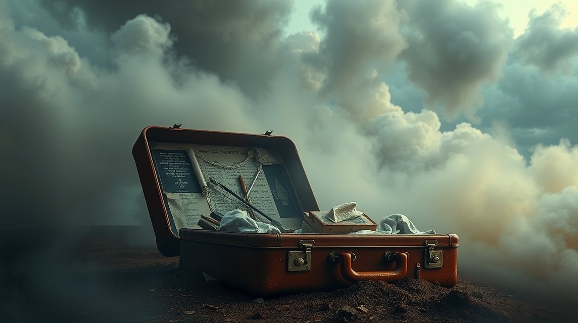 Ein geöffneter Koffer mit alten Dokumenten und Schreibutensilien in einer nebligen Umgebung.