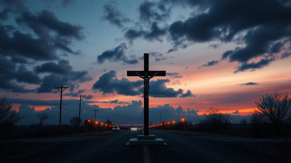 Ein Kreuz steht auf einer Straße, umgeben von einer dramatischen Abenddämmerung.