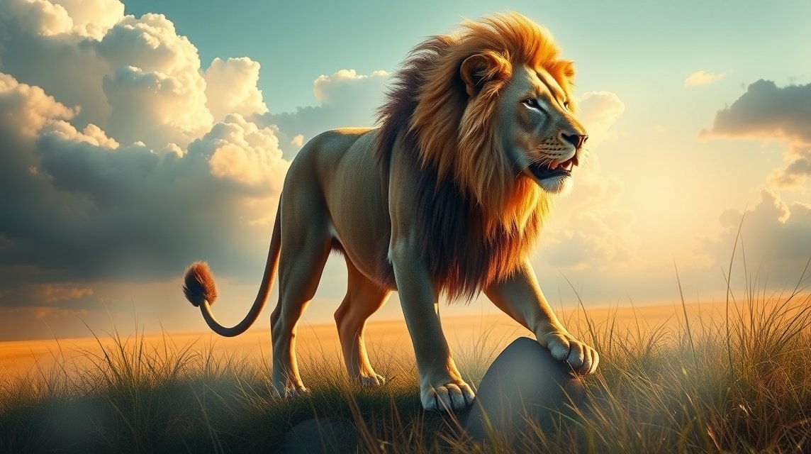 Ein majestätischer Löwe steht auf einem Felsen in der Savanne, umgeben von Gras und einem dramatischen Himmel.