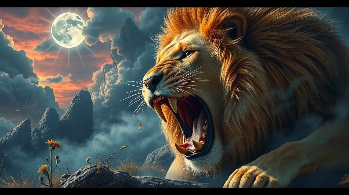 Ein majestätischer Löwe mit geöffnetem Maul vor einem dramatischen Himmel.