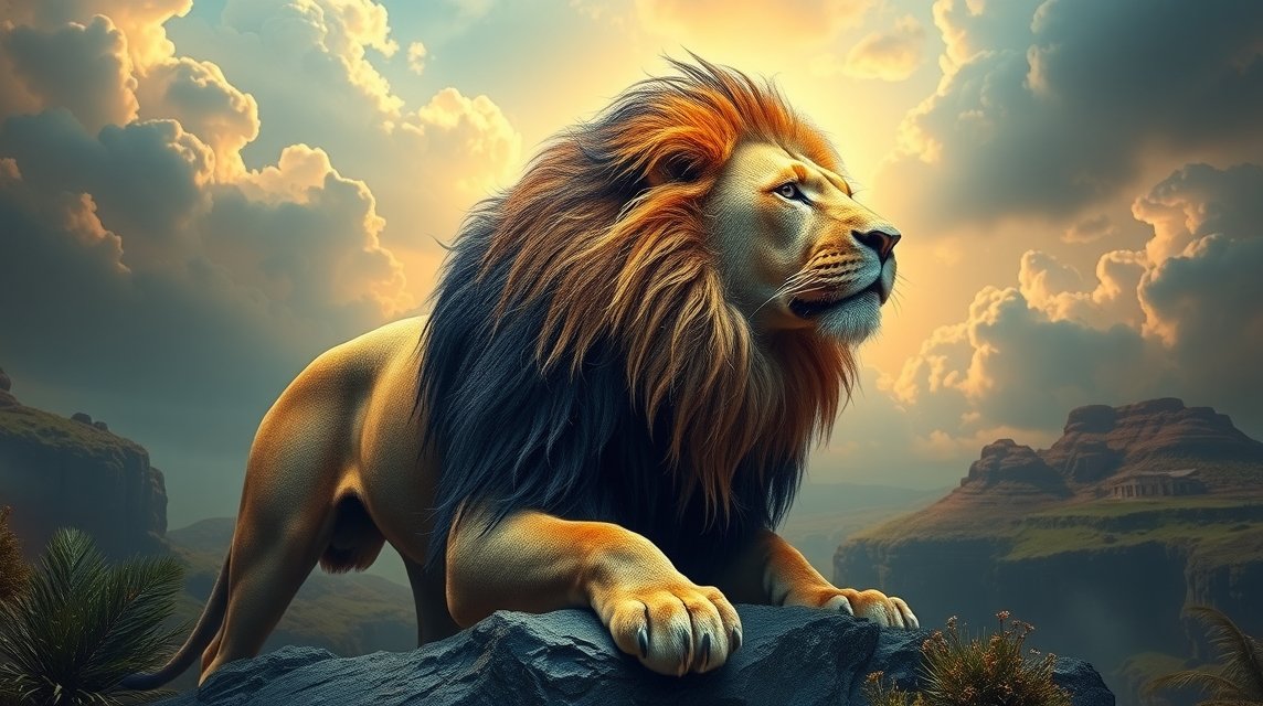 Ein majestätischer Löwe sitzt auf einem Felsen und blickt in die Ferne.