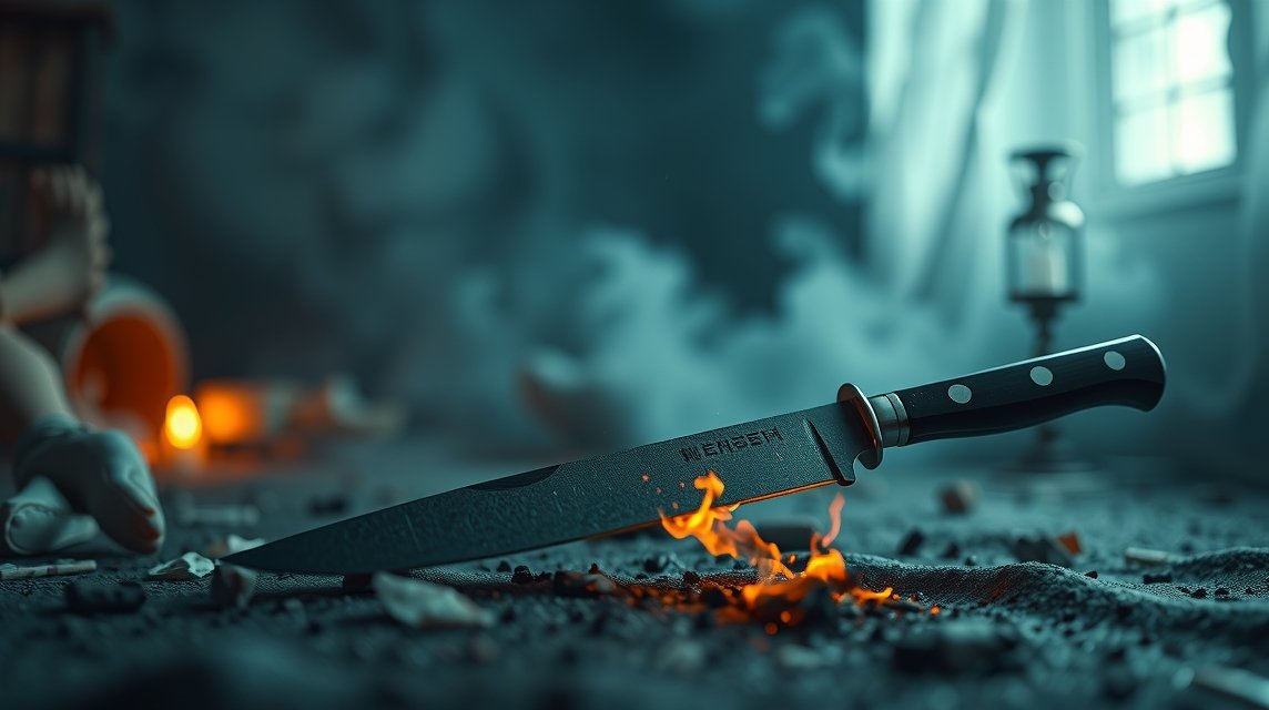 Ein scharfes Messer liegt auf dem Boden, umgeben von Rauch und schwachem Licht.