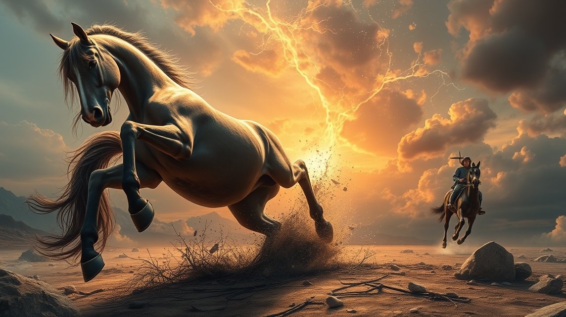 Ein wildes Pferd springt unter einem dramatischen Himmel mit Blitz.