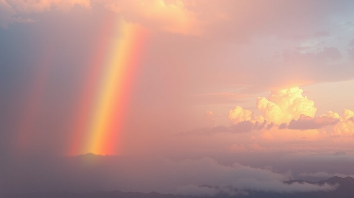Ein Regenbogen erscheint über sanften Wolken und Bergen im Abendlicht.