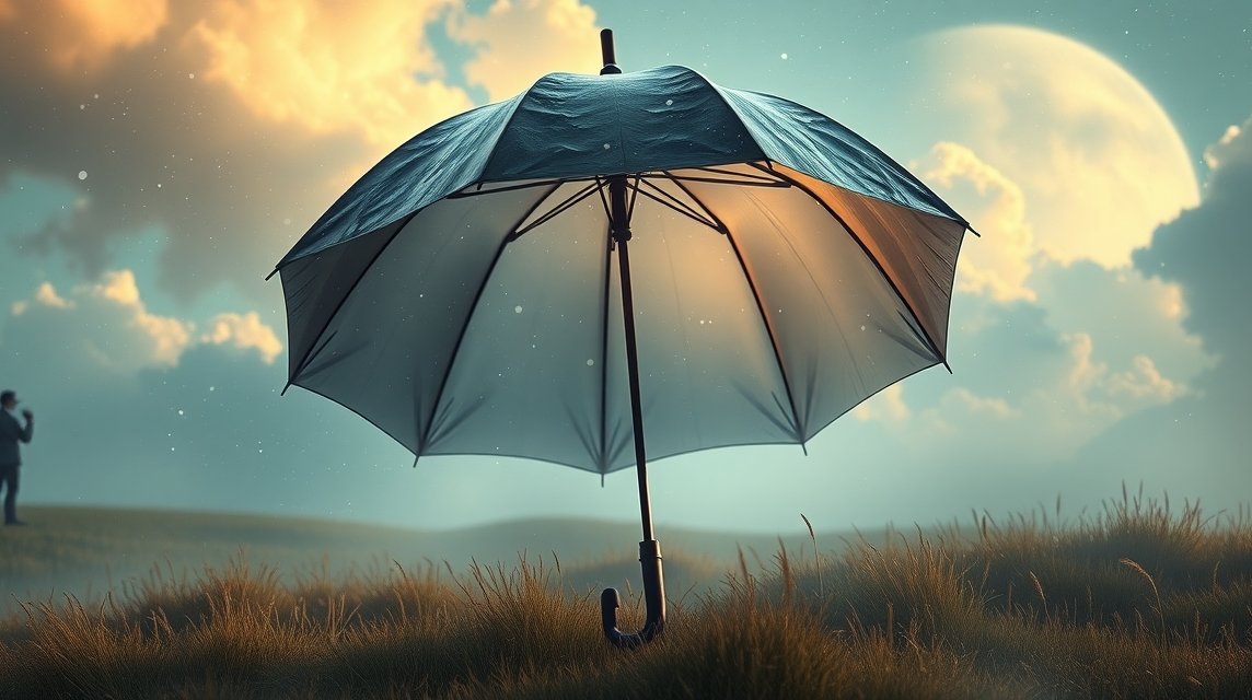 Ein offener Regenschirm steht in einer traumhaften Landschaft unter einem großen Mond.