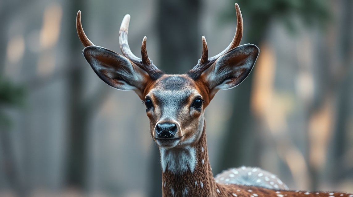 Ein Reh mit auffälligen, gefleckten Fell und großen Ohren blickt neugierig in die Kamera.