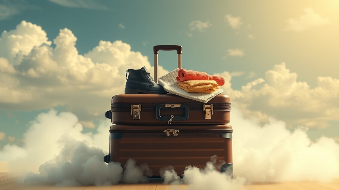 Ein Koffer mit Kleidung und Schuhen, umgeben von Wolken und Sonnenlicht.