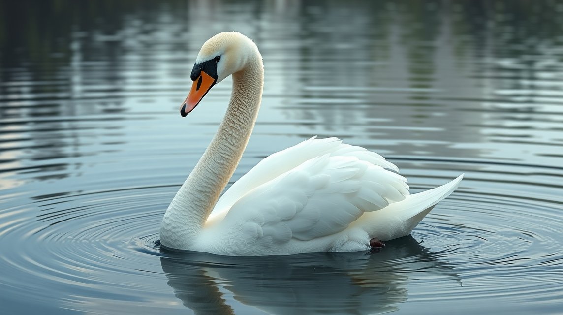 Ein eleganter Schwan schwimmt ruhig auf einem stillen Gewässer.