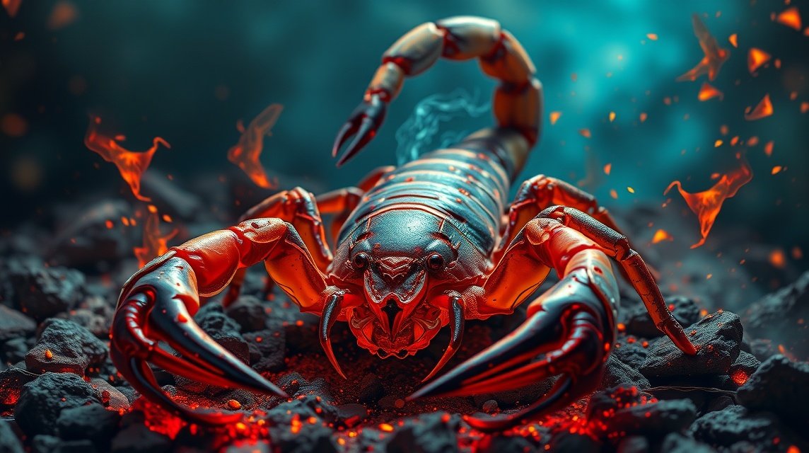 Ein leuchtend roter Skorpion auf einem dunklen, steinigen Untergrund.