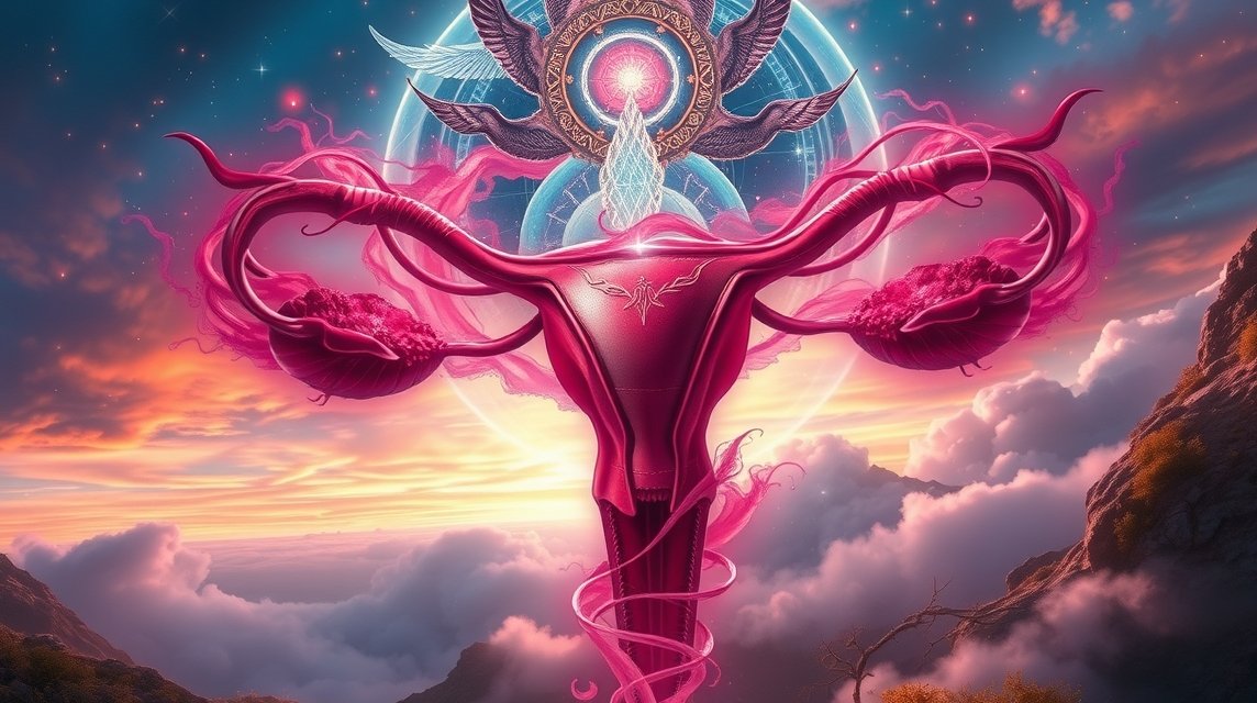 Ein stilisiertes Bild eines Uterus, umgeben von mystischen Elementen und einer farbenfrohen Himmelslandschaft.