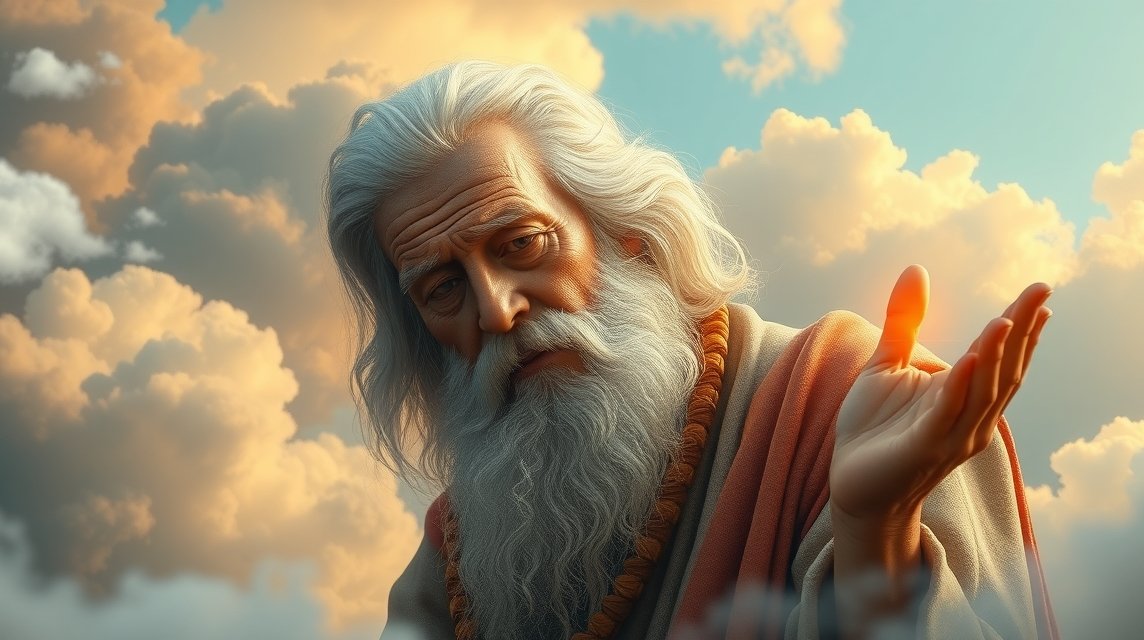 Ein weiser, älterer Mann mit langem, grauem Bart und nachdenklichem Ausdruck vor einer wolkigen Himmel.