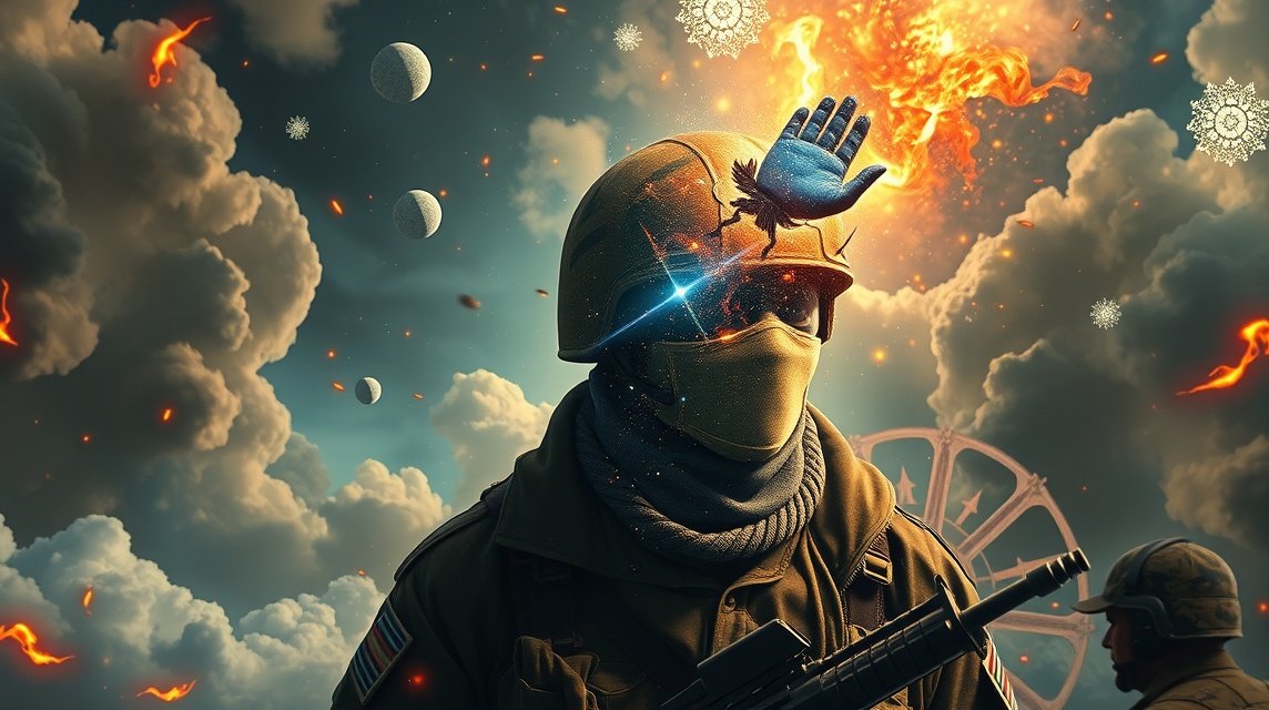 Ein Soldat mit einem Helm, umgeben von mystischen Elementen und Feuer.