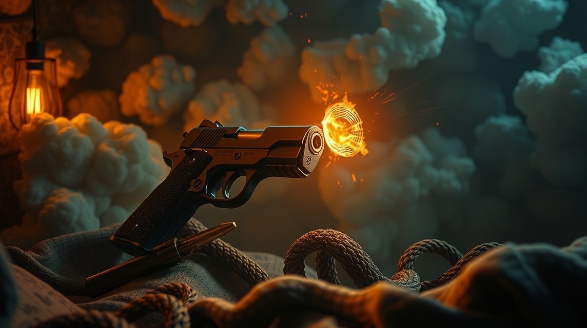 Eine Pistole liegt auf einem Tuch, während ein Schuss abgefeuert wird.