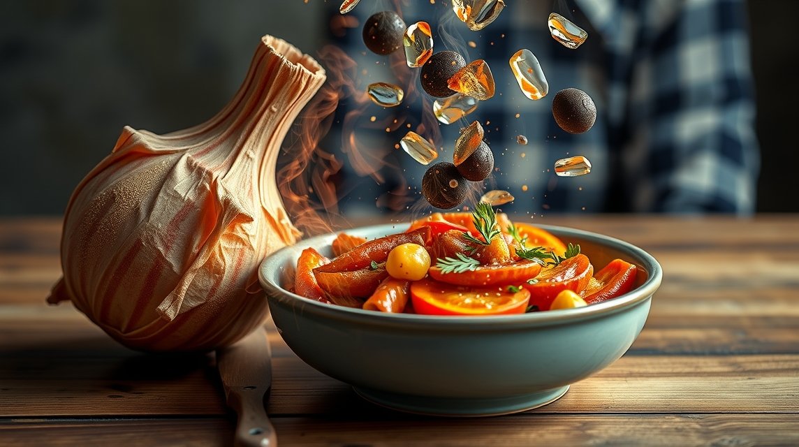 Eine Schüssel mit frischem Gemüse, darunter Tomaten und Kräuter, auf einem Holztisch.