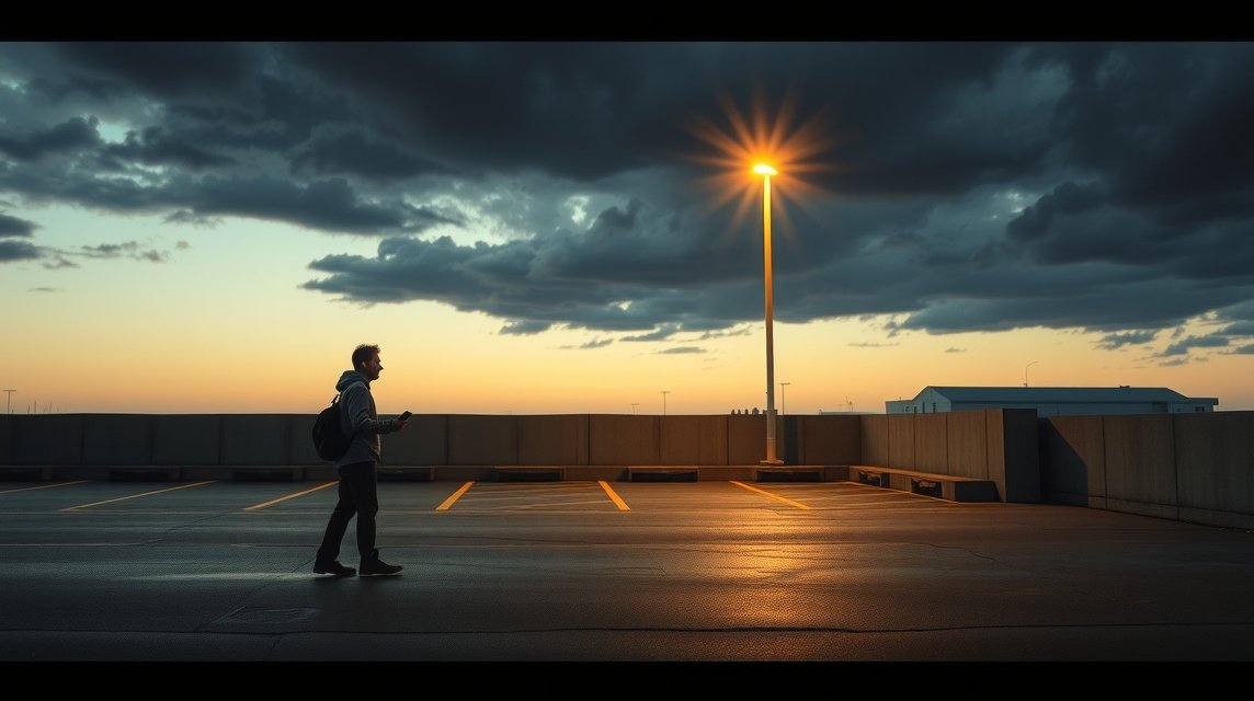 Ein Mann geht auf einem leeren Parkplatz unter dramatischen Wolken.
