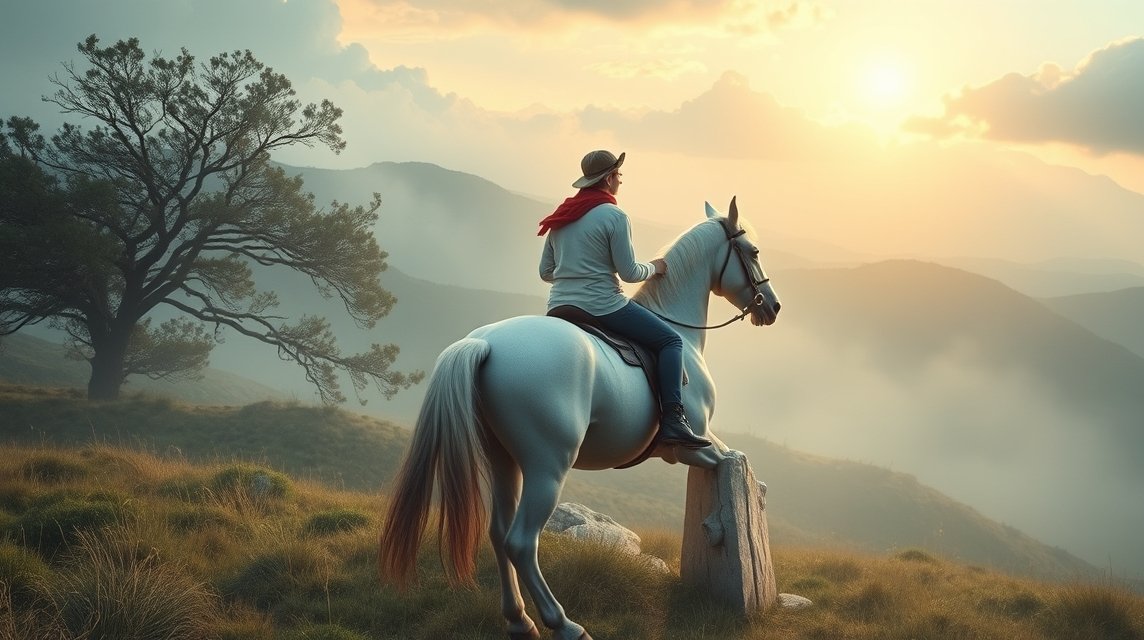 Ein Reiter auf einem weißen Pferd blickt in die Ferne bei Sonnenuntergang.