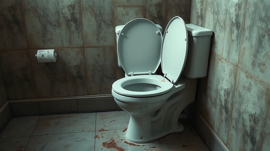 Ein schmutziges WC in einem dunklen, vernachlässigten Badezimmer.