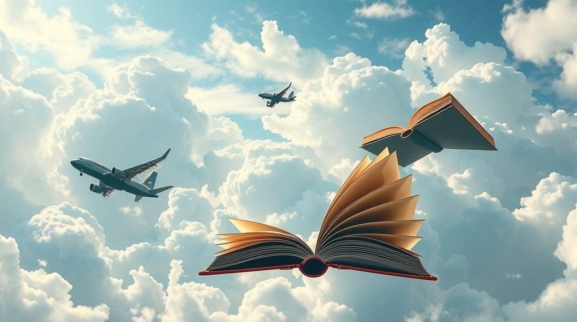 Ein aufgeschlagenes Buch schwebt zwischen Wolken und Flugzeugen am Himmel.