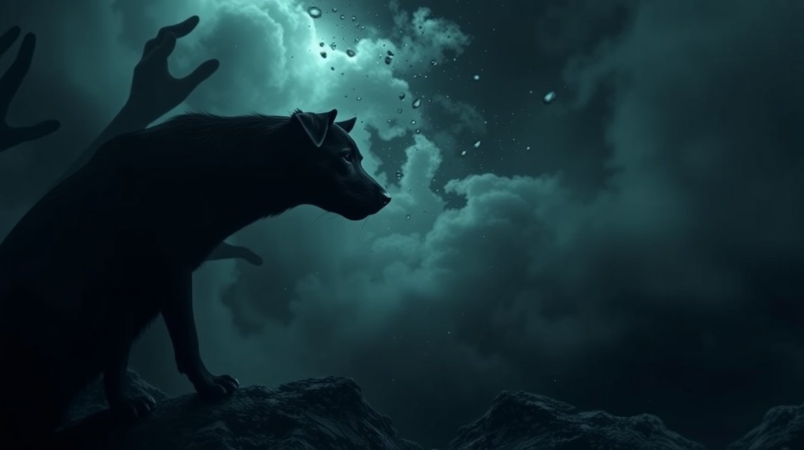 Ein schwarzer Hund steht auf einem Felsen unter einem bewölkten Nachthimmel.