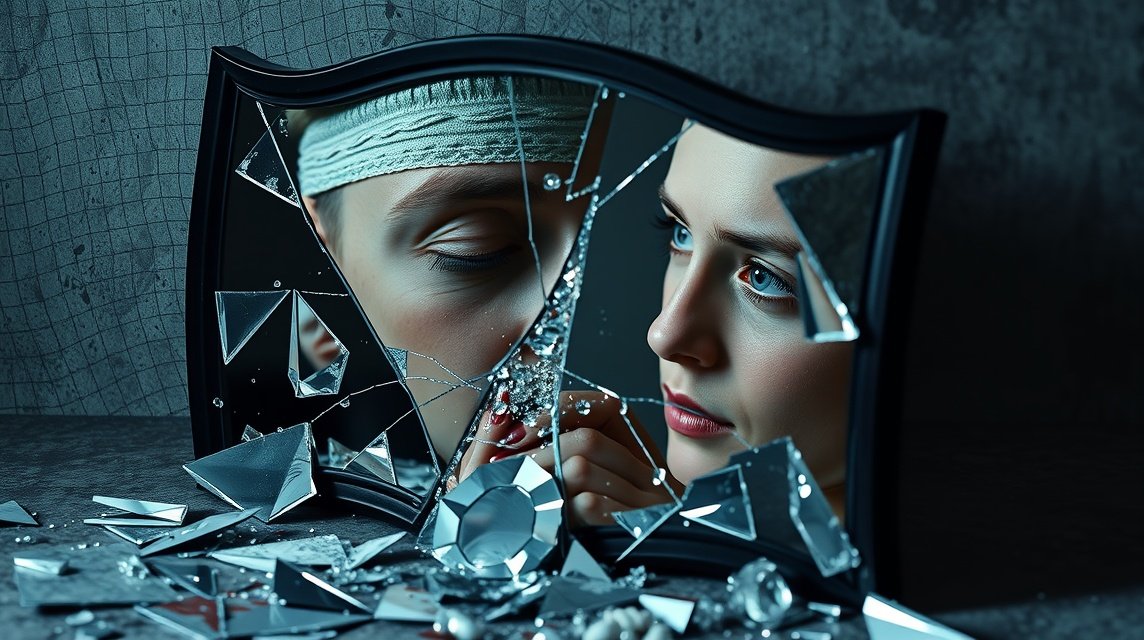 Eine Frau betrachtet ihr Spiegelbild in einem zerbrochenen Spiegel, umgeben von Scherben.