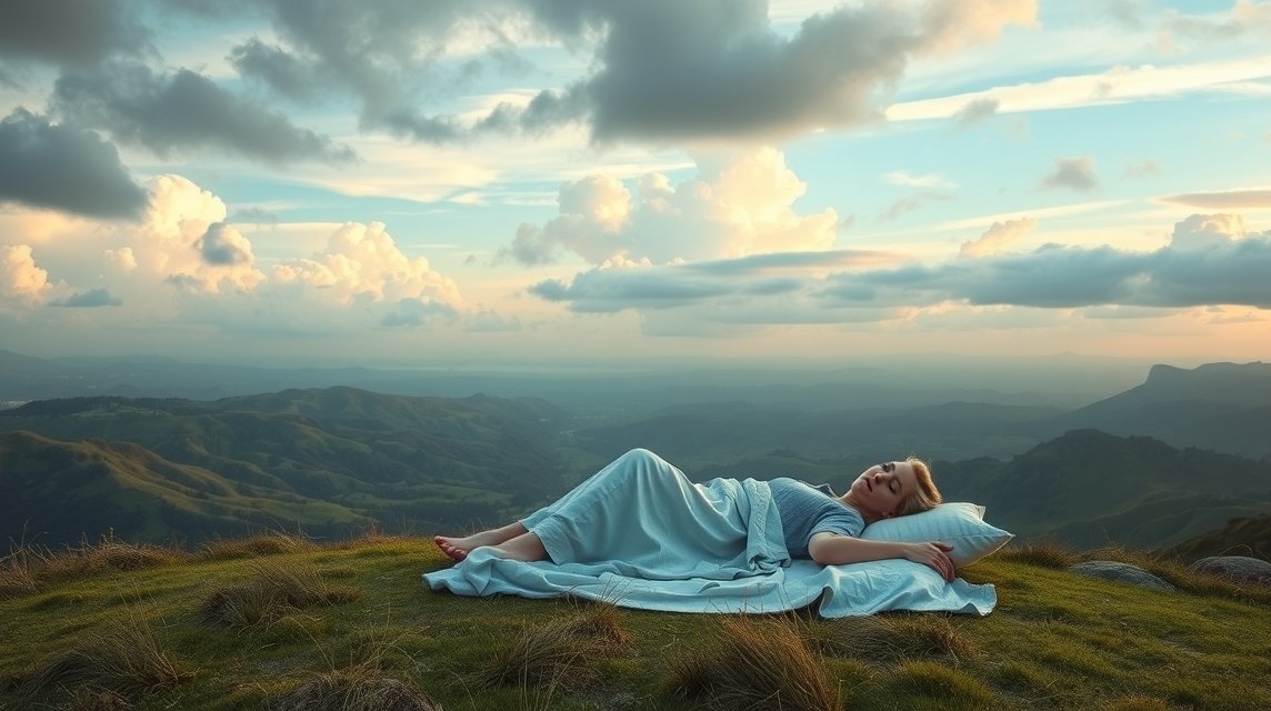 Eine schlafende Frau in einem blauen Kleid liegt auf einer Wiese mit Blick auf die Berge.