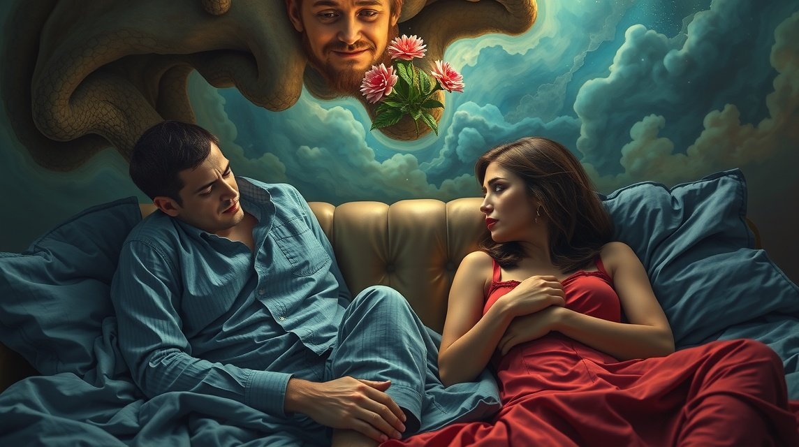 Ein Paar liegt auf einem Sofa und schaut sich an, während eine Traumlandschaft über ihnen schwebt.