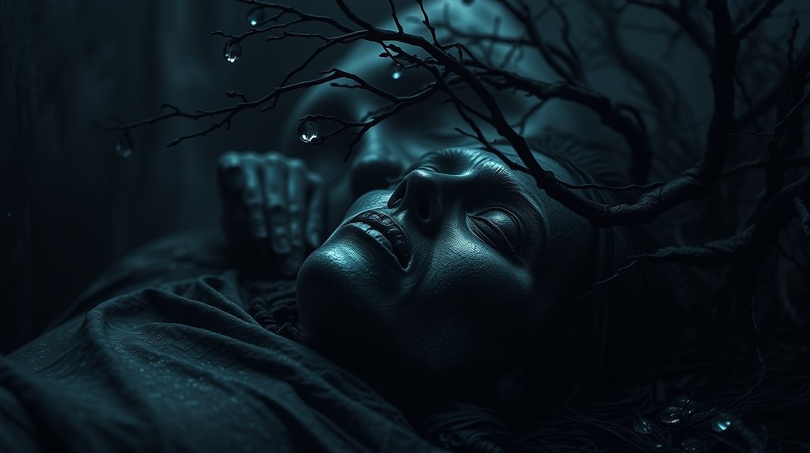 Eine schlafende Figur mit einem aus Ästen geformten Gesicht, umgeben von Tropfen.