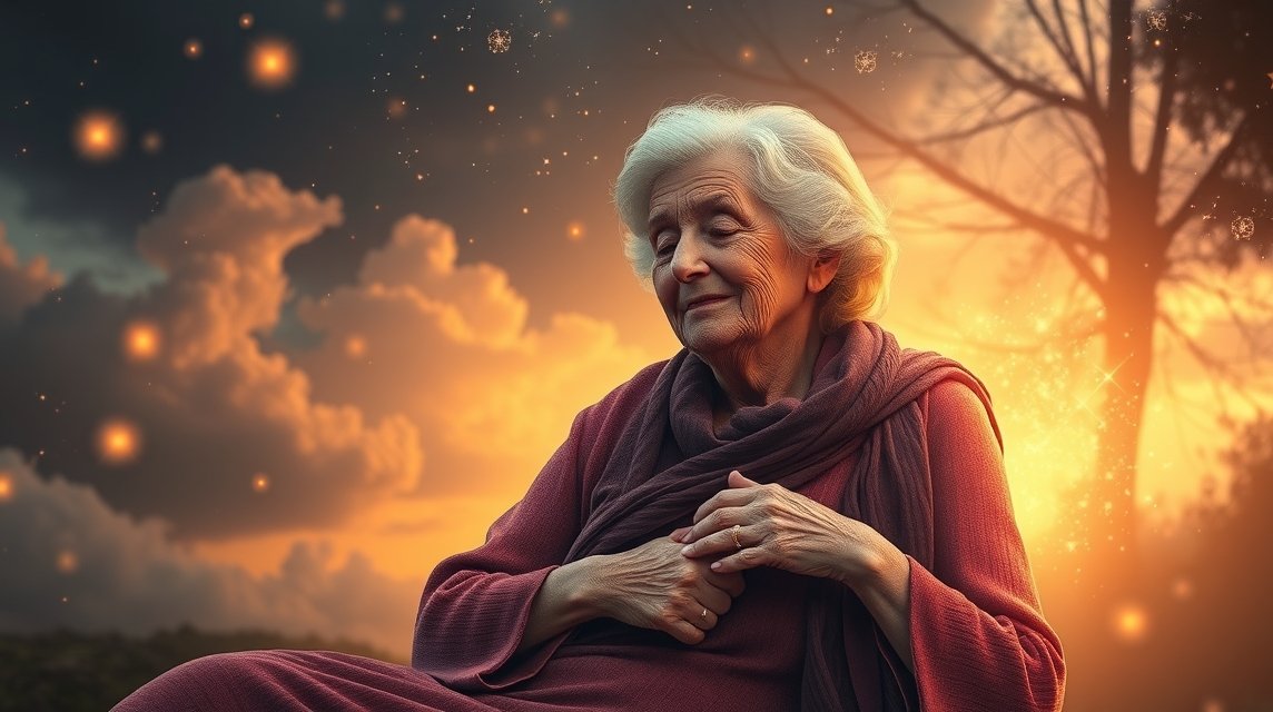 Eine ältere Frau sitzt nachdenklich in einer traumhaften Landschaft mit leuchtenden Lichtern.