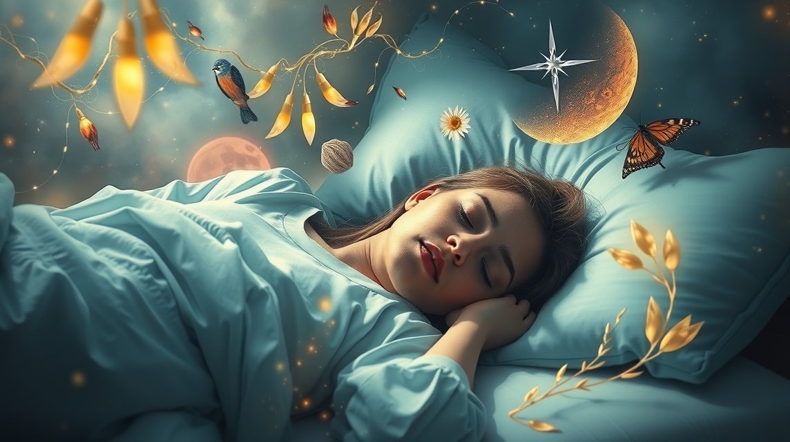 Eine schlafende Frau in einem Traum, umgeben von symbolischen Elementen wie Mond und Schmetterlingen.