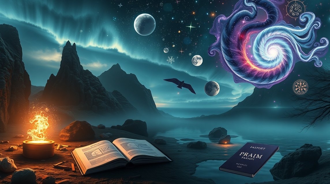 Ein offenes Buch liegt neben einem Lagerfeuer in einer mystischen Landschaft mit Planeten und Sternen.