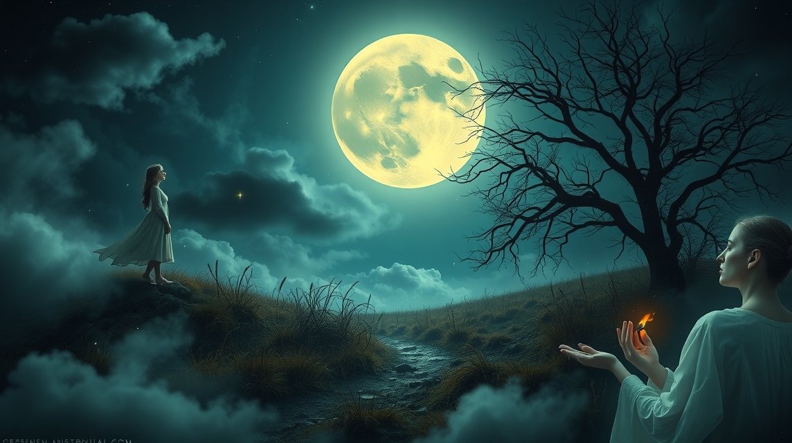 Ein Mädchen steht unter einem großen Mond, während eine Frau mit einer Flamme in der Hand zuschaut.