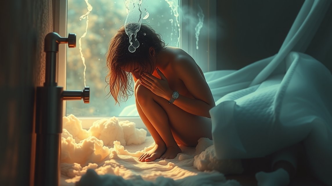 Eine nachdenkliche Person sitzt in einem Badezimmer, umgeben von Dampf und weichen Textilien.