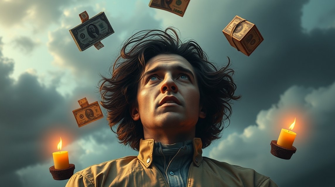 Ein junger Mann schaut nach oben, während Geldscheine und Kerzen um ihn schweben.