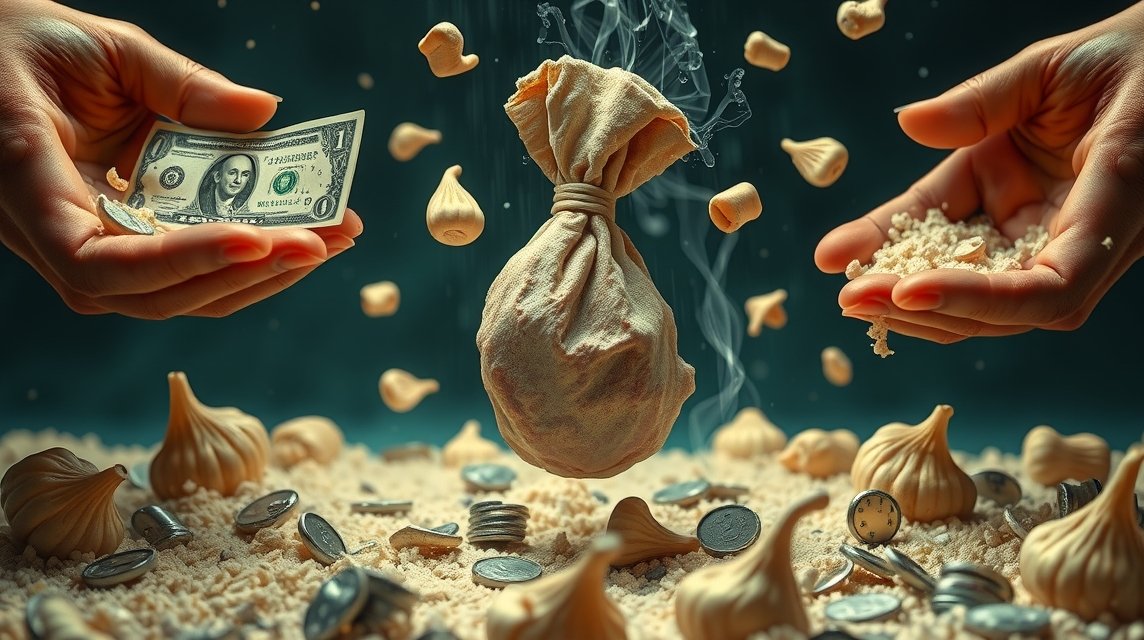 Eine Hand hält einen Geldschein, während die andere Hand etwas aus einem Sack lässt.