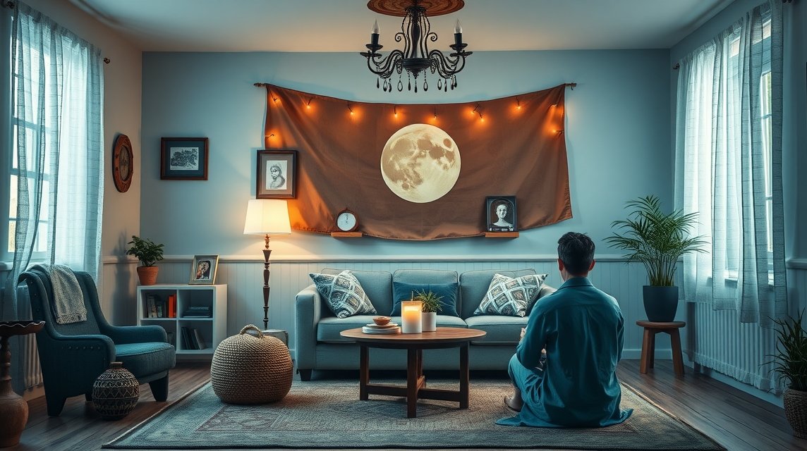 Ein Mann sitzt in einem gemütlichen Raum mit Monddekor und Kerzen.