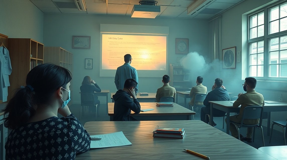 Eine Gruppe von Schülern sitzt in einem Klassenzimmer und hört einem Lehrer zu.