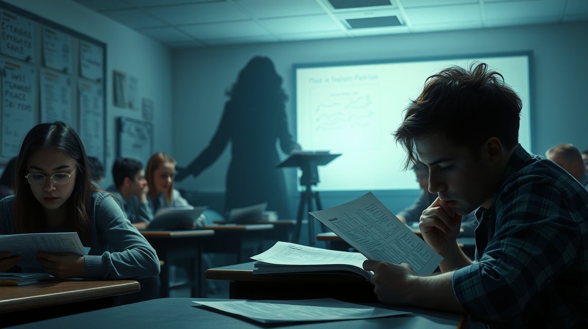 Schüler in einem Klassenzimmer, konzentriert auf ihre Unterlagen während des Unterrichts.