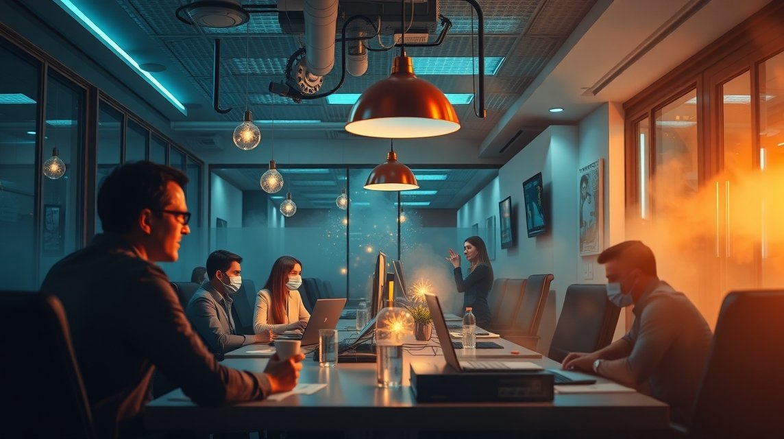 Eine Gruppe von Menschen in einem modernen Büro, die an Laptops arbeiten und Masken tragen.