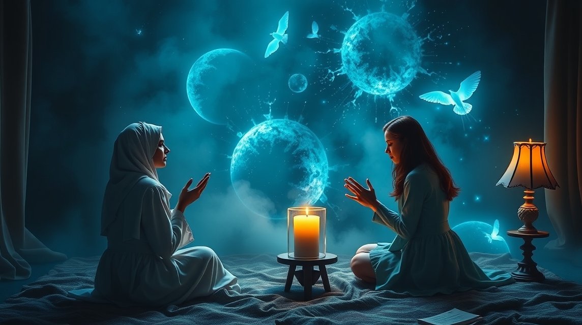 Zwei Frauen meditieren in einem mystischen Raum mit Kerze und leuchtenden Planeten.
