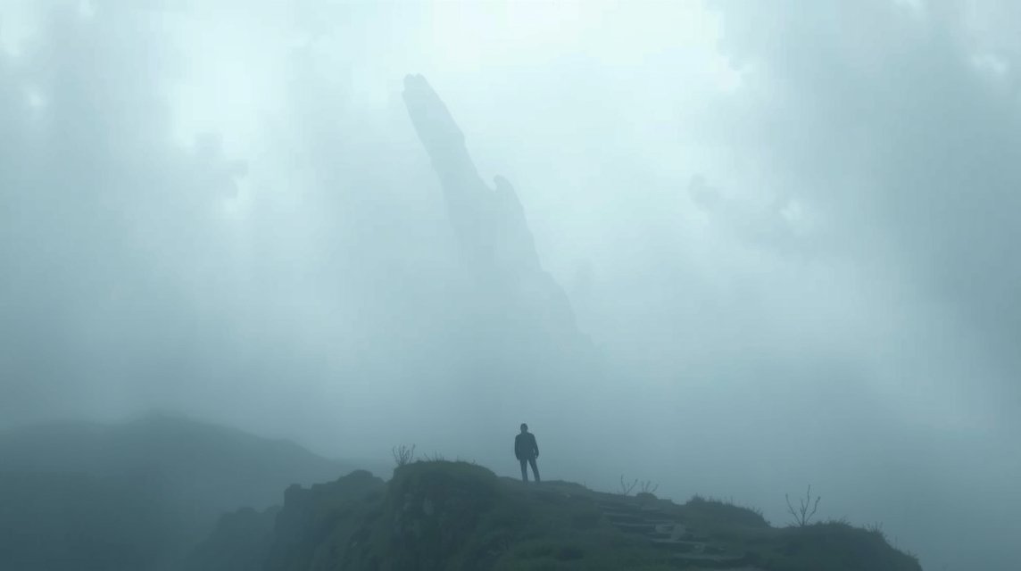 Eine einsame Person steht in nebliger Landschaft mit einem hohen Felsen im Hintergrund.