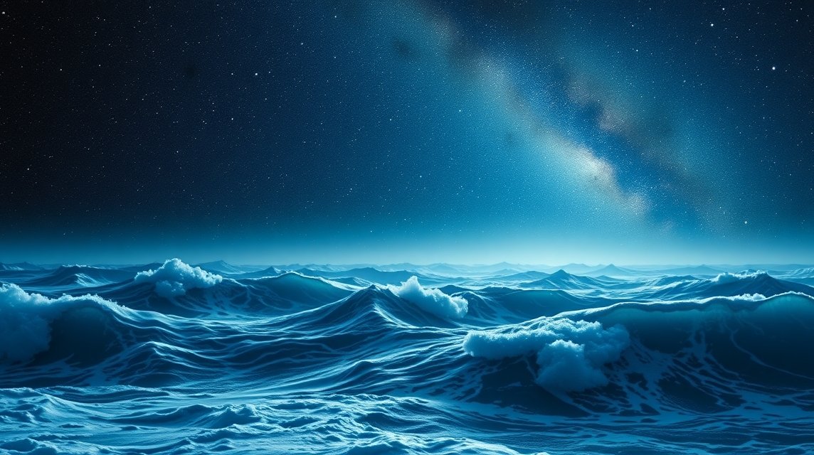 Ein nächtlicher Ozean mit sanften Wellen unter einem sternenklaren Himmel.